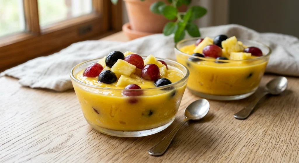 Mango ve ananaslı tatlı, küçük kaselerde servis edilmiş, üzüm taneleriyle
