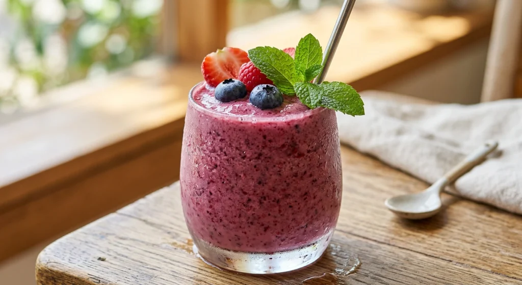 Çilek, ahududu ve yaban mersini ile hazırlanmış, bardakta servis edilen orman meyveli smoothie, nane yaprağıyla süslenmiş