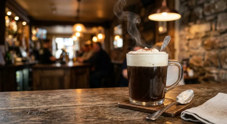Üzerinde hafifçe çırpılmış krema yüzen, cam bardakta servis edilen sıcak Irish Coffee