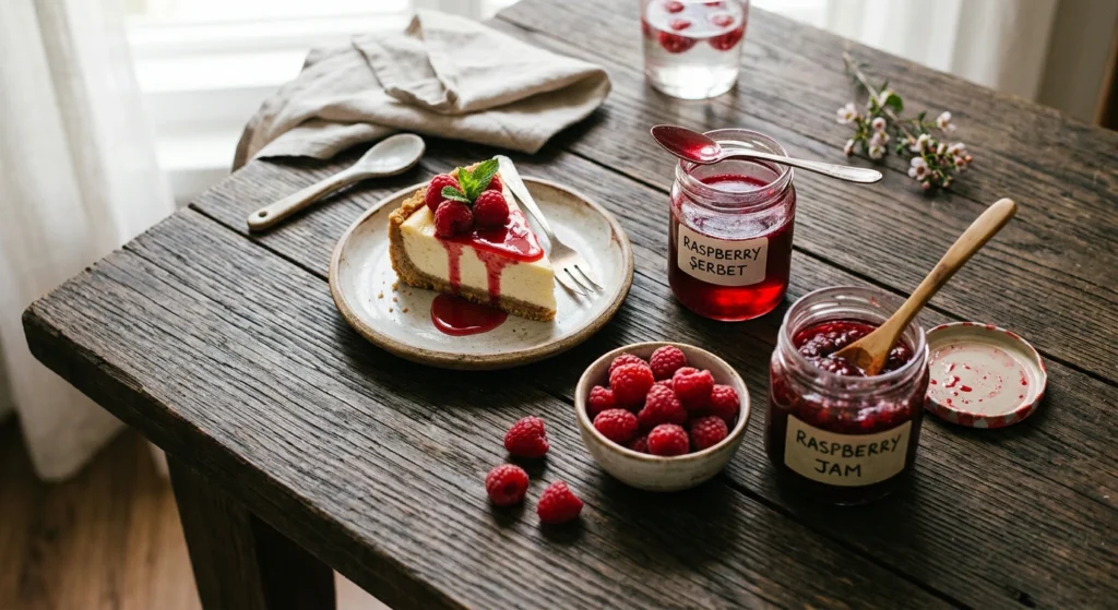 Frambuaz şerbeti, reçeli ve cheesecake'i bir arada gösteren düzenleme