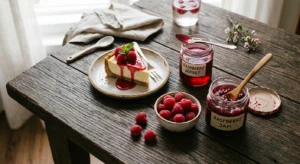 Frambuaz şerbeti, reçeli ve cheesecake'i bir arada gösteren düzenleme