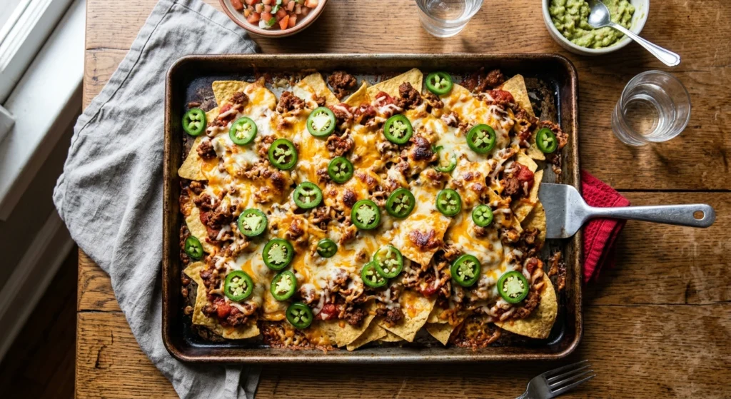 Fırında peyniri erimiş, kıymalı ve jalapenolu nachos tepside servis edilmiş