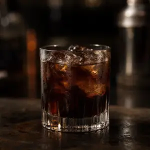 Old Fashioned bardağında buzlu koyu renkli Black Russian kokteyli