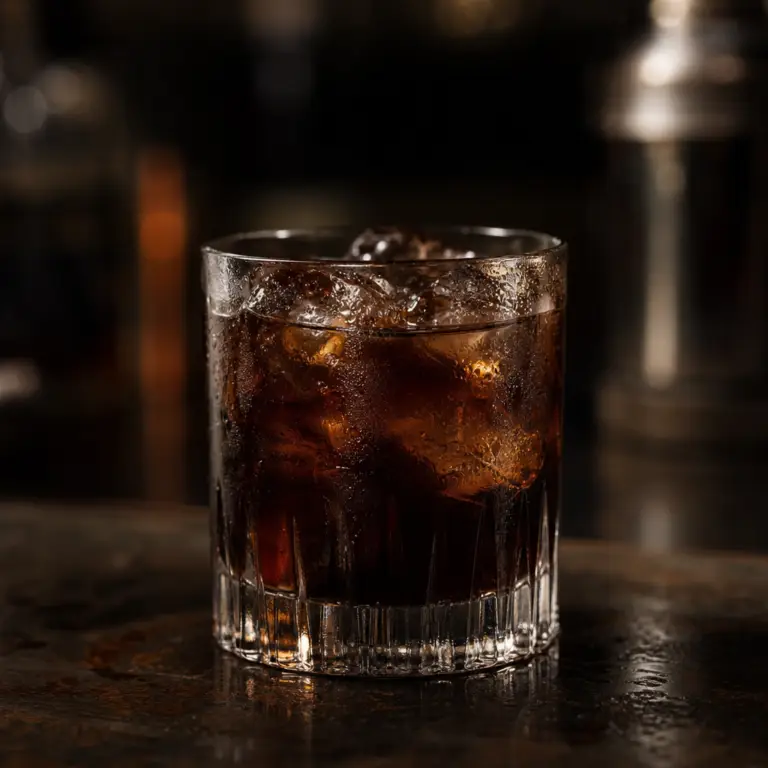 Old Fashioned bardağında buzlu koyu renkli Black Russian kokteyli