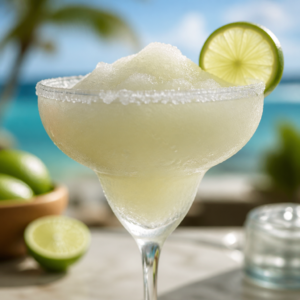 Tuzlu kadeh kenarı ve lime dilimiyle süslenmiş buzlu Frozen Margarita