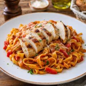 Domates soslu tagliatelle üzerinde dilimlenmiş tavuk göğsü ve parmesan