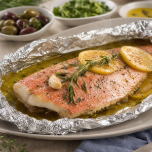 Zeytinyağı ve limonla marine edilip fırında pişirilen mercan balığı
