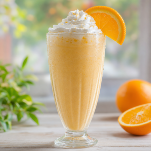 Krema ve portakal dilimiyle süslenmiş portakallı milkshake