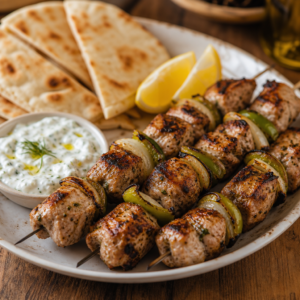 Pita ekmeği ve tzatziki sosuyla servis edilen ızgara souvlaki şişleri