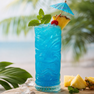 Ananas dilimi ve nane ile süslenmiş mavi renkli alkolsüz tropikal kokteyl