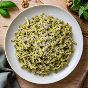 Fesleğen cevizli sos ile karıştırılmış erişte, parmesan rendesi ile