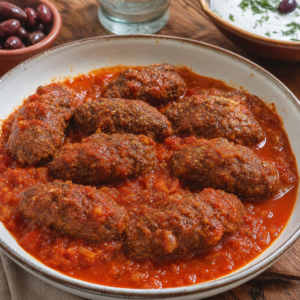 Domates soslu, kimyonlu Yunan usulü uzun köfte soutzoukakia