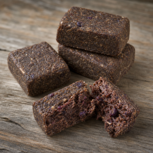 Kurutulmuş et, eritilmiş yağ ve kuru meyveden hazırlanmış geleneksel pemmican bloklarının temsili görseli