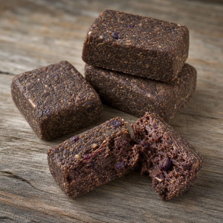 Kurutulmuş et, eritilmiş yağ ve kuru meyveden hazırlanmış geleneksel pemmican bloklarının temsili görseli
