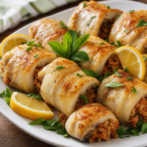 Pirinç pilavı ile sarılmış, fırında pişirilmiş balık sarma, nane yapraklarıyla süslenmiş