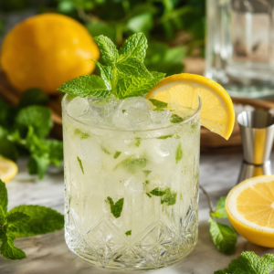 Buzlu eski moda bardakta, nane dalı ve limon dilimiyle süslenmiş Cin Smash kokteyli