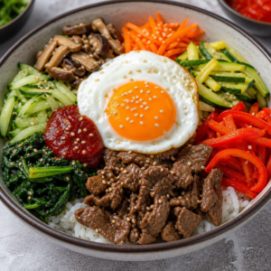 Pirinç üzerine sebzeler, dana eti ve göz yumurta ile hazırlanmış, gochujang soslu Kore usulü bibimbap