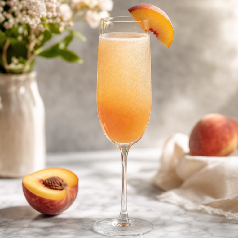 Şeftali püresi ve Prosecco ile hazırlanmış, şeftali dilimiyle süslenmiş Bellini kokteyli