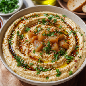 Nar ekşisi ve zeytinyağı gezdirilmiş, susam ve maydanozla süslenmiş ayvalı humus