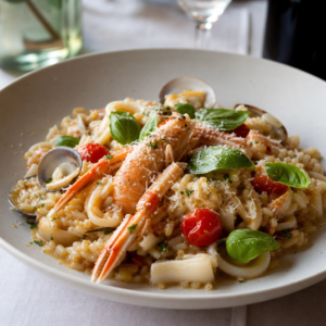 Kalamar, midye ve kerevit ile hazırlanmış, fesleğen ve parmesanla süslenmiş deniz ürünlü risotto