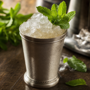 Ezilmiş buz üzerinde nane dalıyla süslenmiş, brendi ve taze naneyle hazırlanmış Brandy Julep kokteyli