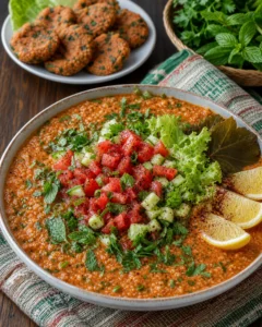 Domatesli ince bulgur batırık, yeşillik, salatalık, limon ve sıkma parçalarıyla