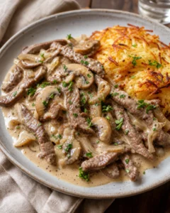 Kremalı mantar soslu ince dilim dana emense ve rösti patates