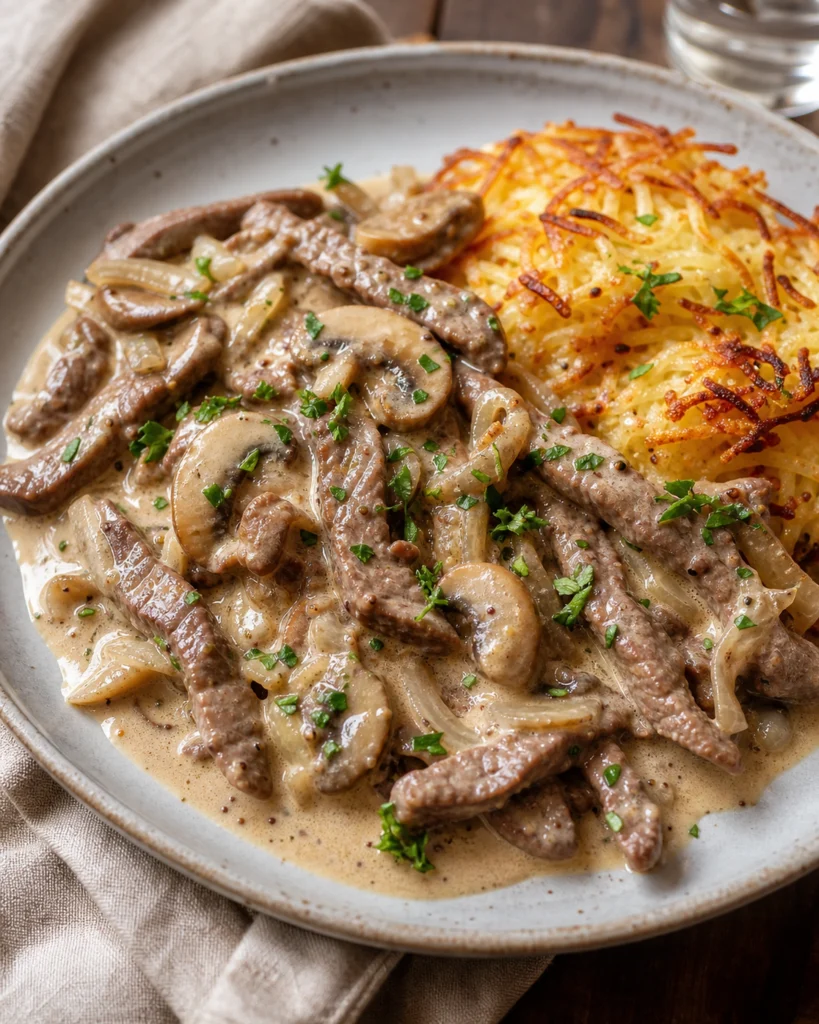 Kremalı mantar soslu ince dilim dana emense ve rösti patates