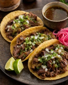 Mısır tortilla üzerinde lif lif ayrılmış dana yanak barbacoa taco, soğan, kişniş ve lime ile