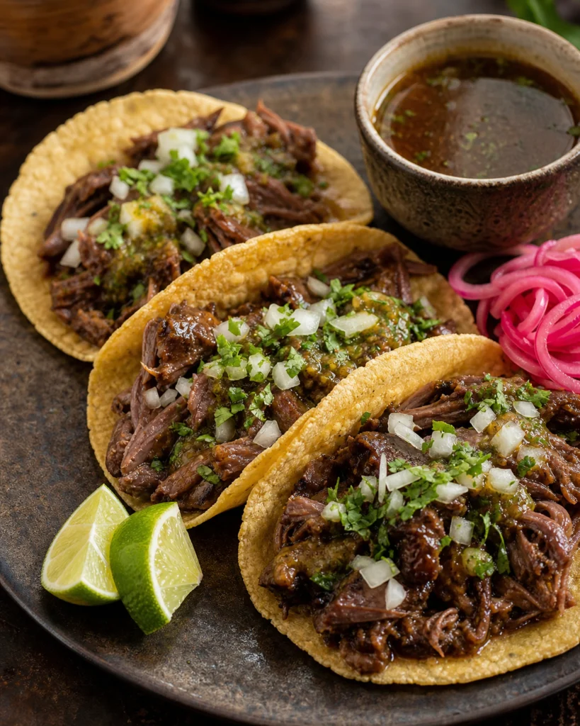 Mısır tortilla üzerinde lif lif ayrılmış dana yanak barbacoa taco, soğan, kişniş ve lime ile