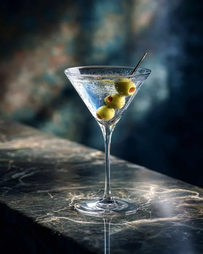 Üç yeşil zeytinle servis edilen Dirty Martini kokteyli