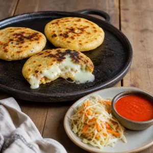 Sacda pişmiş peynirli pupusas, yanında curtido lahana turşusu ve salsa roja
