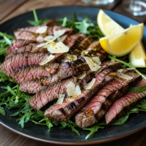İnce dilimlenmiş Tagliata di Manzo bifteği roka yatağı, tıraşlanmış parmesan ve zeytinyağıyla servis edilmiş