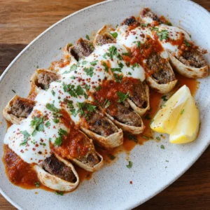 Lavaşa sarılıp dilimlenmiş, sarımsaklı yoğurt ve tereyağlı sos gezdirilmiş beyti kebap tabağı