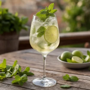Buzlu geniş bir şarap kadehinde nane ve lime dilimiyle süslenmiş Hugo Spritz kokteyli