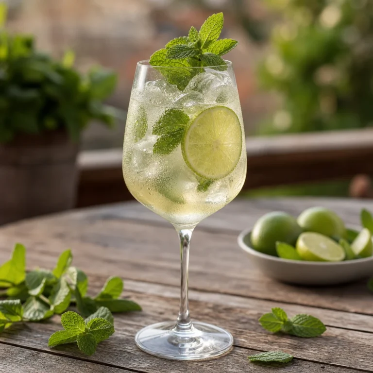 Buzlu geniş bir şarap kadehinde nane ve lime dilimiyle süslenmiş Hugo Spritz kokteyli