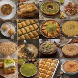 Fıstıklı katmer, baklava ve farklı tepsi tatlılarını gösteren geleneksel tatlı kolajı
