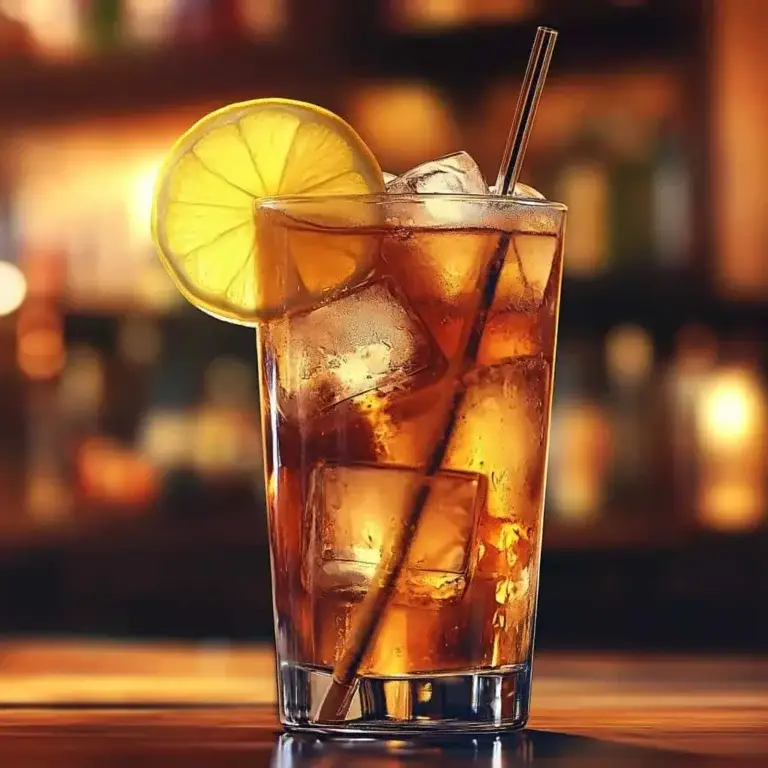 Ahşap bar tezgâhında buzlu koyu amber Long Island Iced Tea kokteyli; bardak kenarında limon dilimi