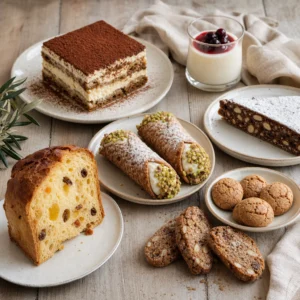 Tiramisu, cannoli, panna cotta, panforte, panettone, amaretti ve cavallucci gibi klasik İtalyan tatlılarından oluşan bir sofra