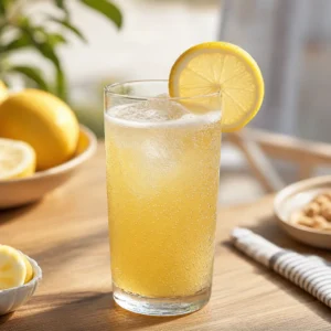 Buzlu, limon dilimi garnitürlü bir bardakta servis edilen bira ve limonata karışımı Shandy içeceği