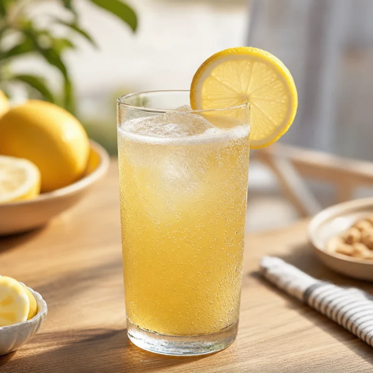 Buzlu, limon dilimi garnitürlü bir bardakta servis edilen bira ve limonata karışımı Shandy içeceği