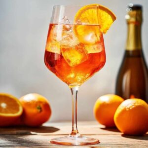 Geniş kadehte buz, portakal dilimi ve parlak turuncu İtalyan Spritz kokteyli