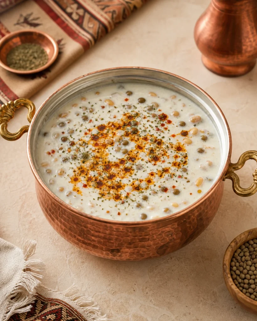 Geleneksel bakır kâsede nane ve tereyağıyla servis edilen Sivas peskütan çorbası