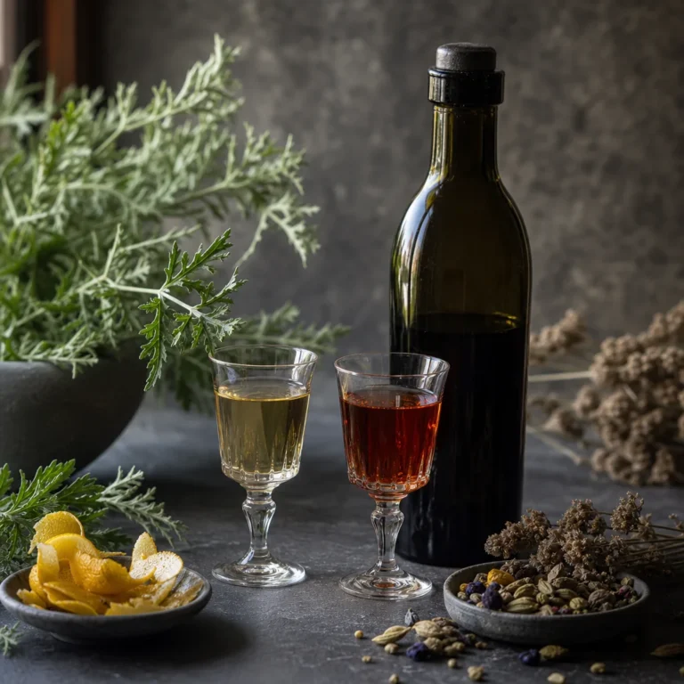 Kuru ve kırmızı vermut kadehleri ile aromatik bitkiler