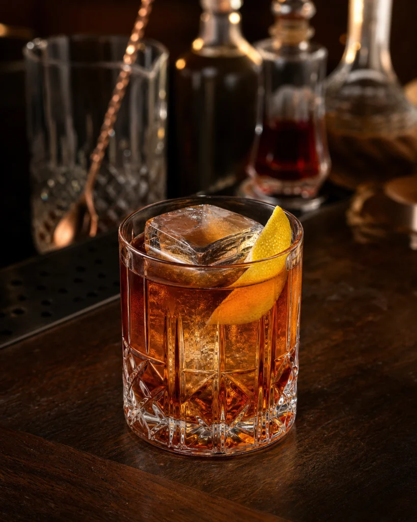 Rocks bardakta büyük buz ve limon kabuğuyla servis edilen amber renkli Vieux Carré kokteyli