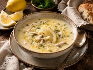 Limon ve yumurta terbiyeli Yunan usulü pirinç çorbası Avgolemono