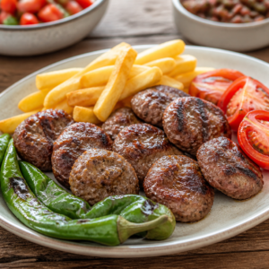 İzmir Gül Kebap usulü ızgara köfte, patates kızartması ve közlenmiş domates biberle servis edilmiş