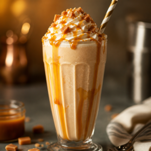 Çırpılmış kremayla süslenmiş karamelli milkshake bardağı