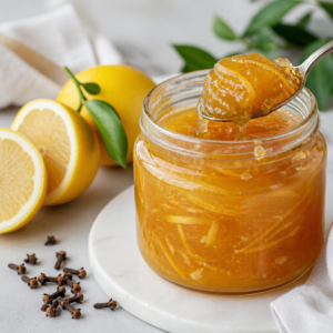 Kavanozda ev yapımı limon reçeli, yanında taze limonlar