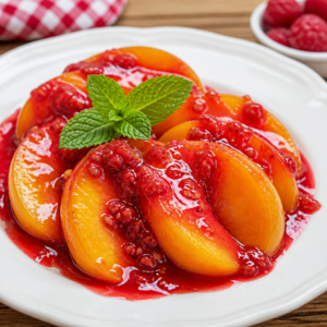 Frambuaz soslu şeftali tatlısı